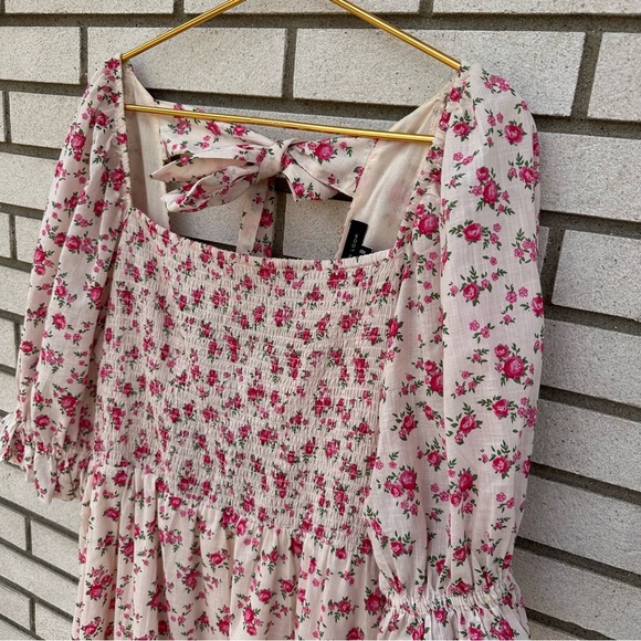 New Look Pink Floral Shirred Puff Sleeve Tie-Back Cotton Smock Mini Dress 14 - Picture 8 of 15